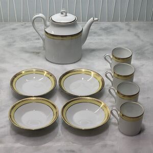 Richard Ginori Palermo Yellow Gold Rim Teapot & 4 Demitasse Cups Saucers Set